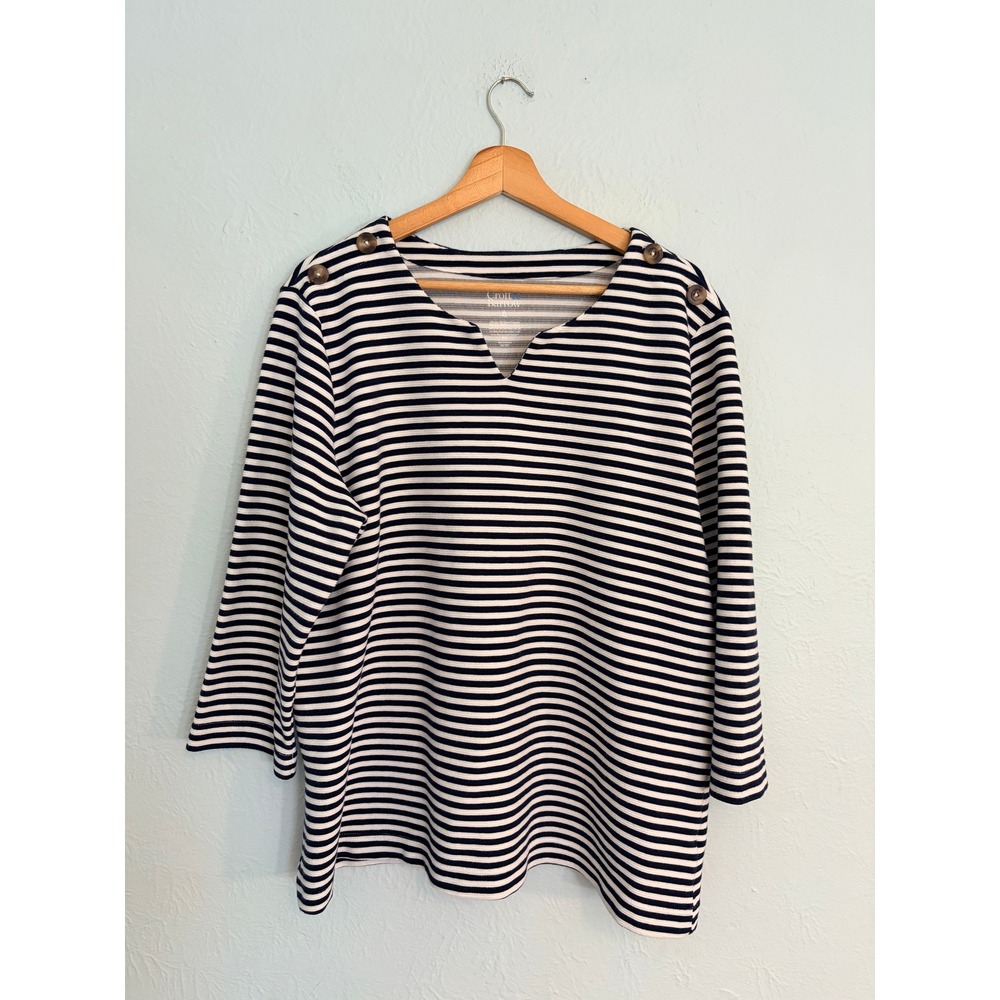 Croft & Barrow Striped Top XL Navy White Button Shoulder Nautical Preppy Coastal